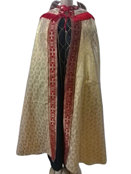 Gold Catholic Priest Cope - Ceremonial Vestment with Red Cross Orphrey