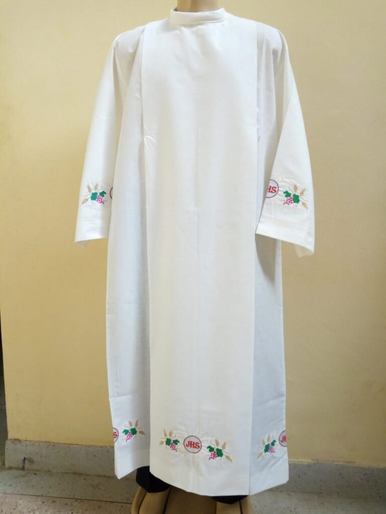 White Clergy Alb - Liturgical Vestment Gown with JHS and Grapes Embroidery