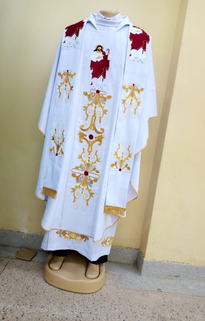White Catholic Priestly Chasuble - Good Shepherd Vestment with Matching Stole