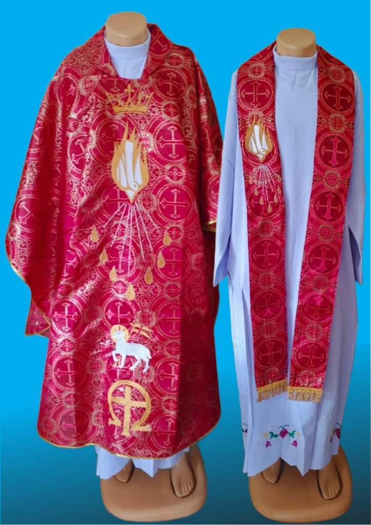 Red Priestly Chasuble Set (With Inner Stole) - Catholic Liturgical Vestments for Pentecost