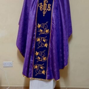 Purple Priestly Chasuble - Gothic Style Damask Fabric with IHS panel