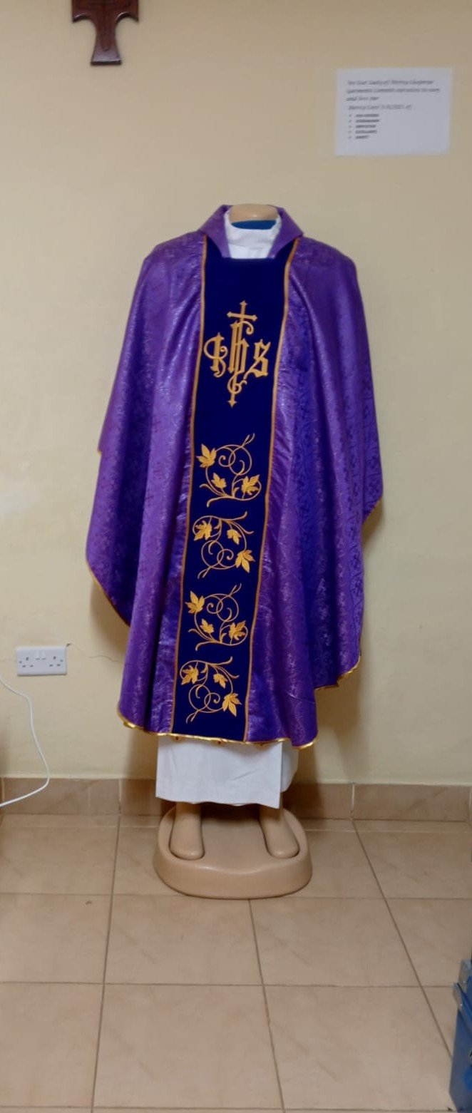 Purple Priestly Chasuble - Gothic Style Damask Fabric with IHS panel