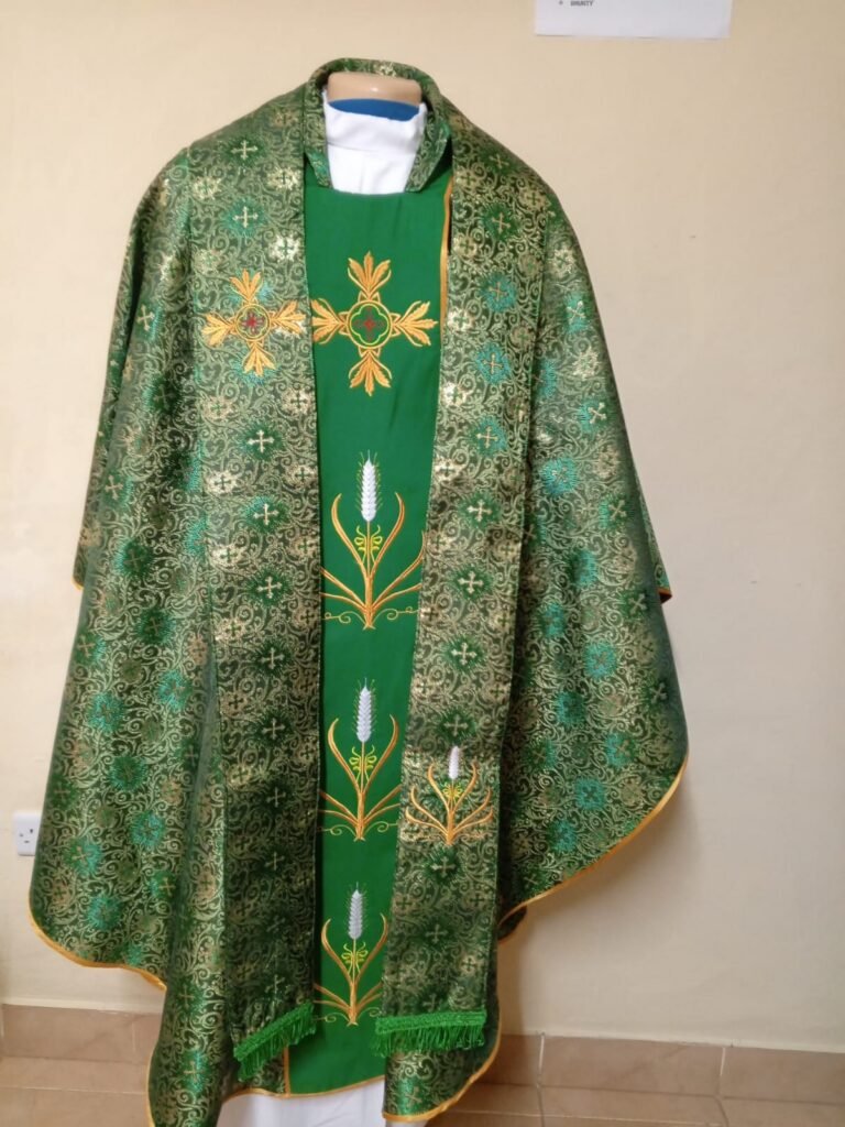 Green Catholic Priestly Chasuble (With Stole) - Gothic Style Brocade Fabric