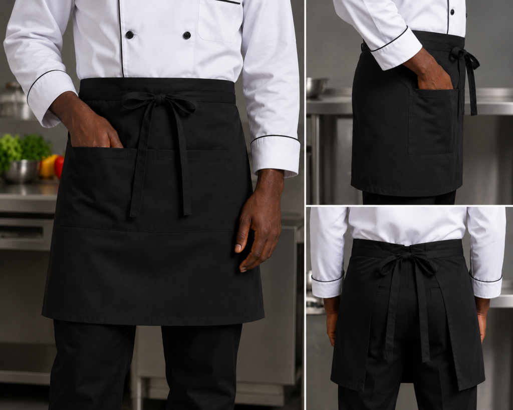 Professional Black Chef Waist Apron with Front Pockets