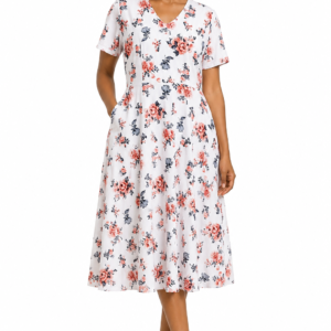Women's Floral Midi Dress – White & Peach Blossom Print