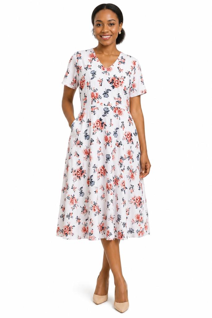 Women's Floral Midi Dress – White & Peach Blossom Print