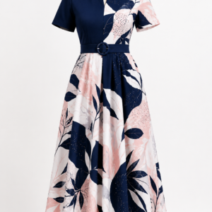 Women's Navy Blossom Belted Midi Dress