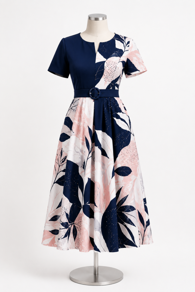 Women's Navy Blossom Belted Midi Dress