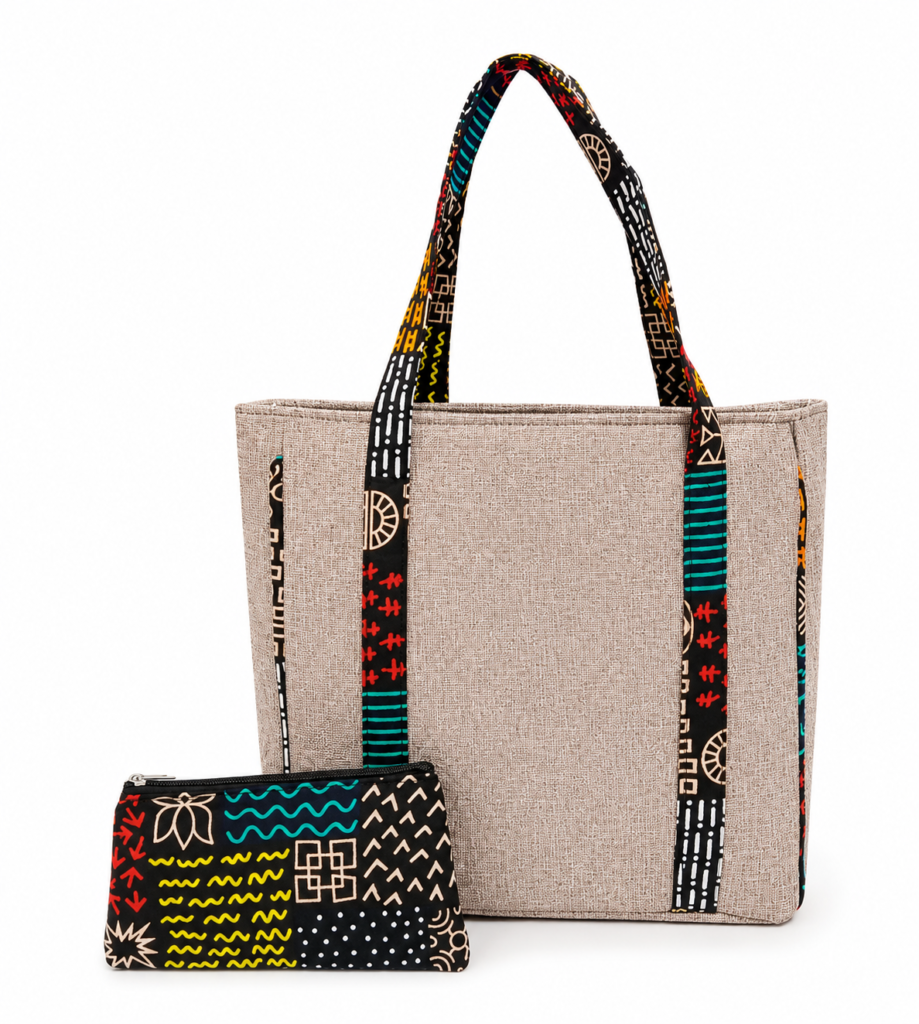 Heritage Linen Tote Bag & Ankara Pouch Set