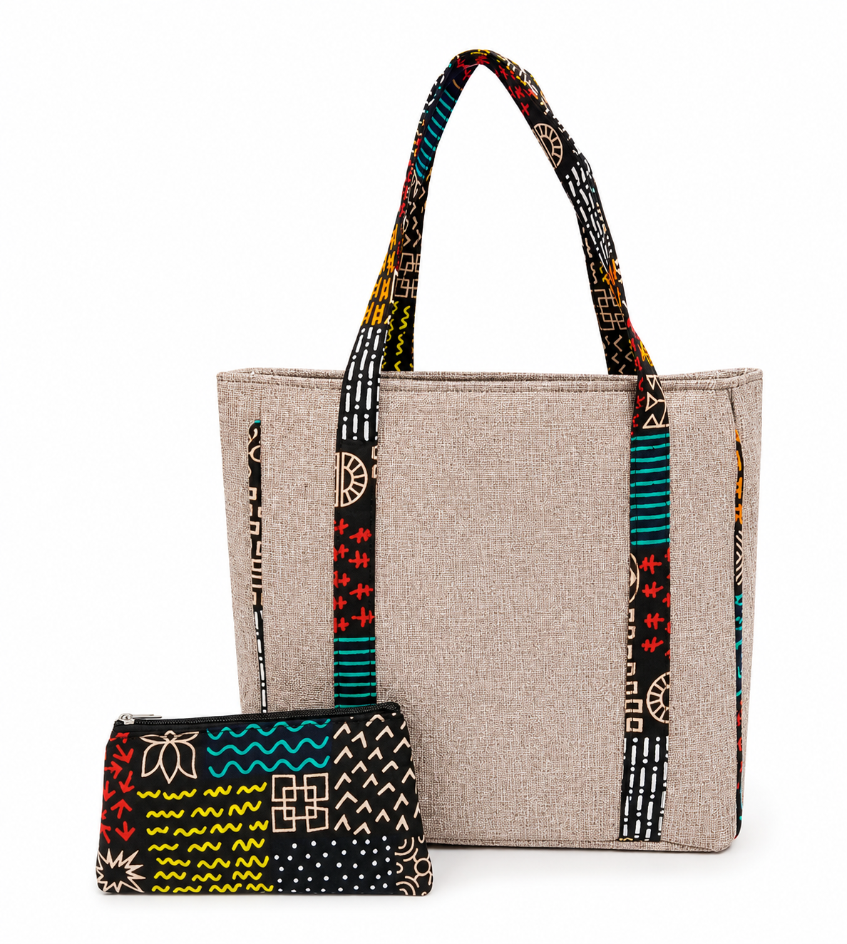 Heritage Linen Tote Bag & Ankara Pouch Set