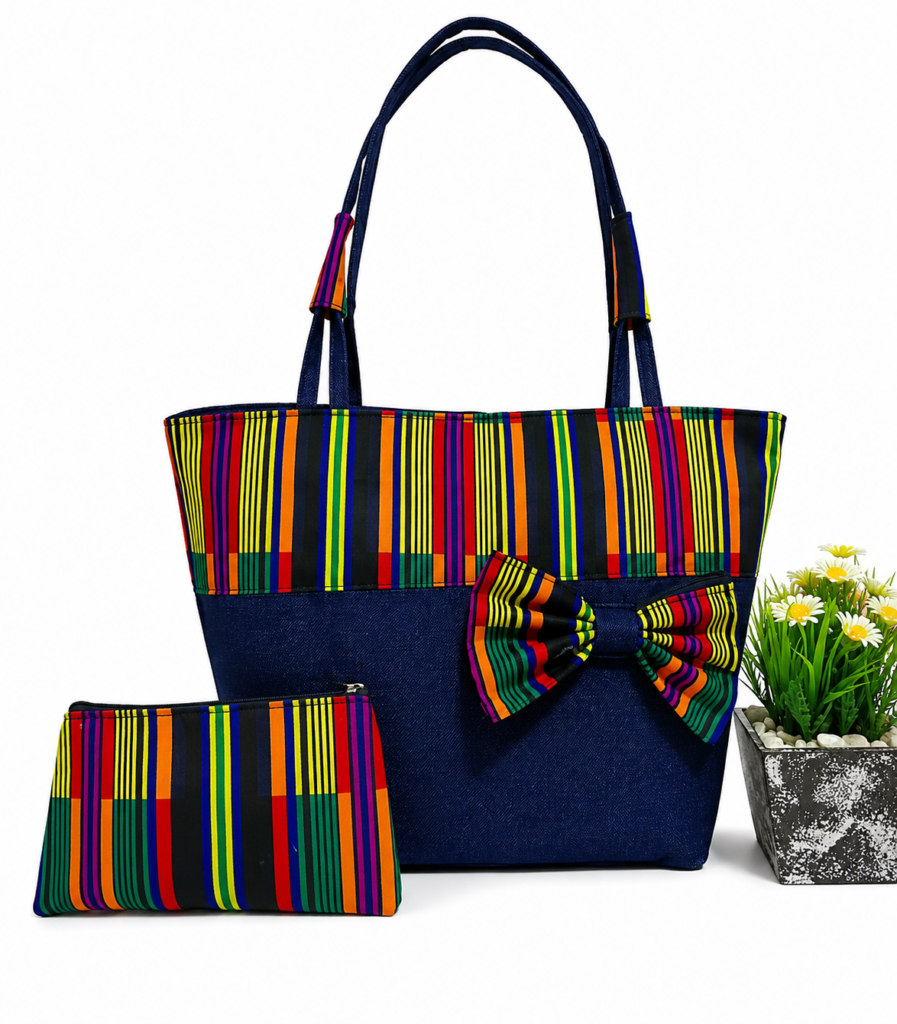Kente Bow Tote Bag & Matching Pouch Set