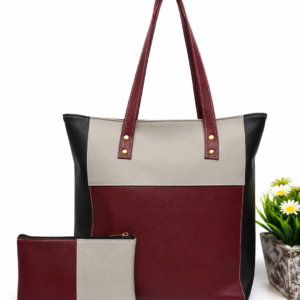 Burgundy Luxe Colorblock Tote Bag & Pouch Set