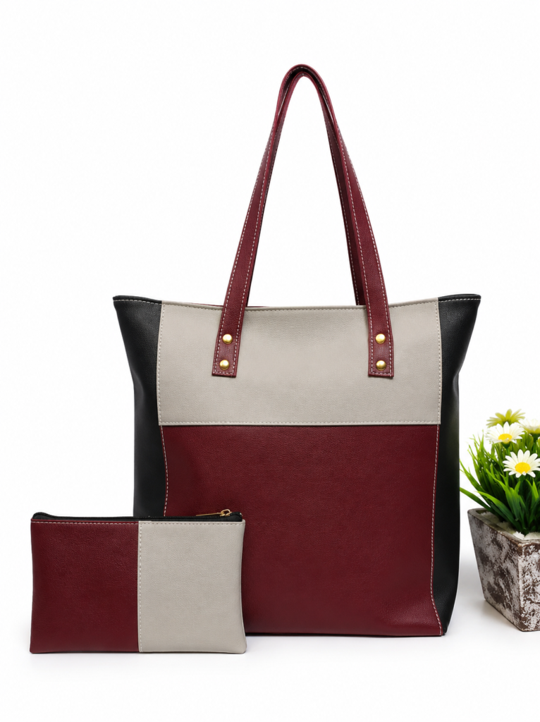 Burgundy Luxe Colorblock Tote Bag & Pouch Set