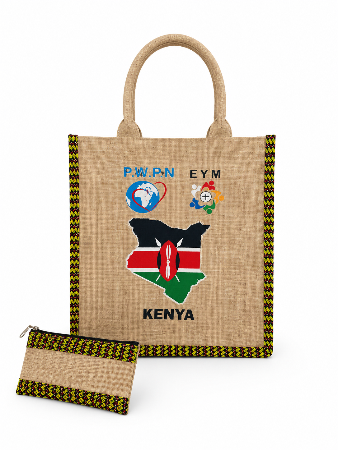 Kenya Heritage Jute Tote Bag & Matching Pouch Set