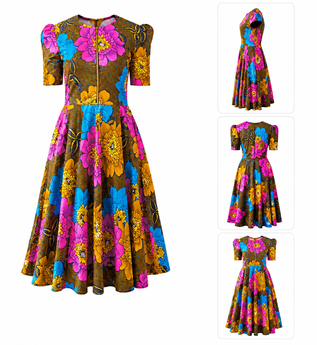 African Floral Print A-Line Midi Dress – Vibrant Ankara Style