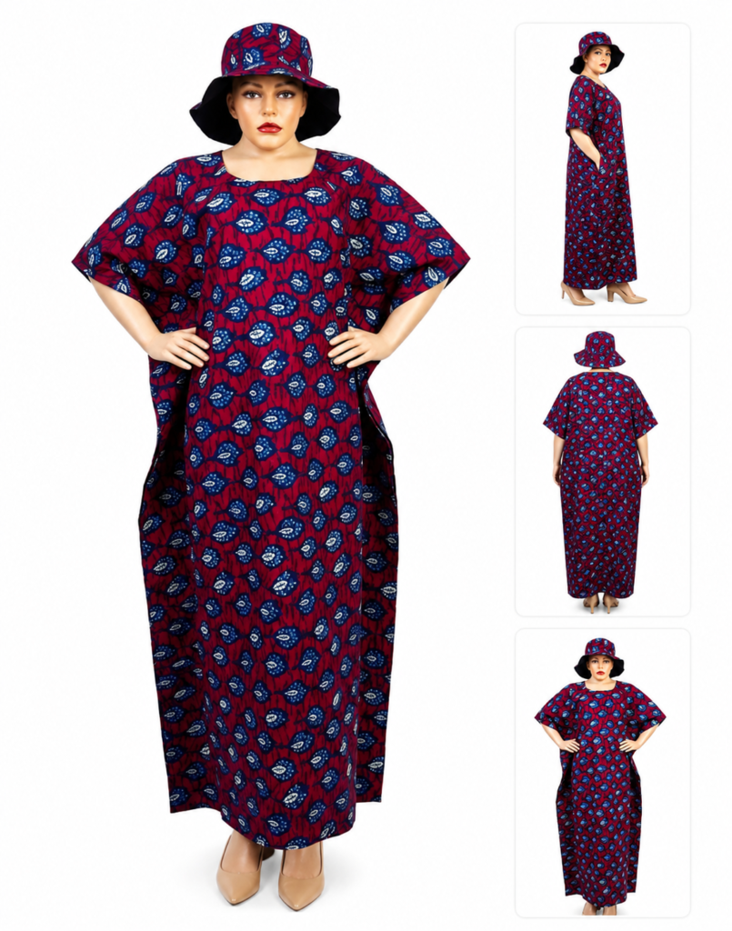 Elegant African Print Kaftan Maxi Dress with Matching Bucket Hat