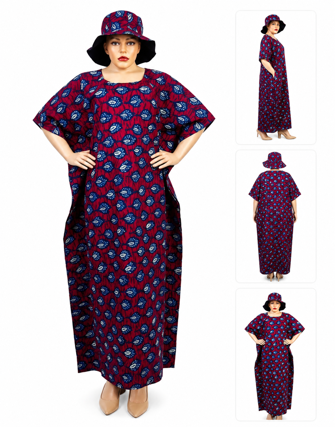 Elegant African Print Kaftan Maxi Dress with Matching Bucket Hat