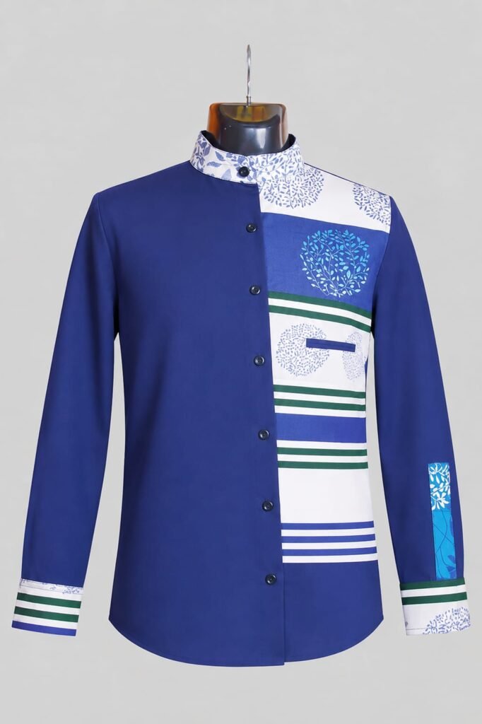 Men's African Ankara Kitenge Patchwork Shirt - Mandarin Collar