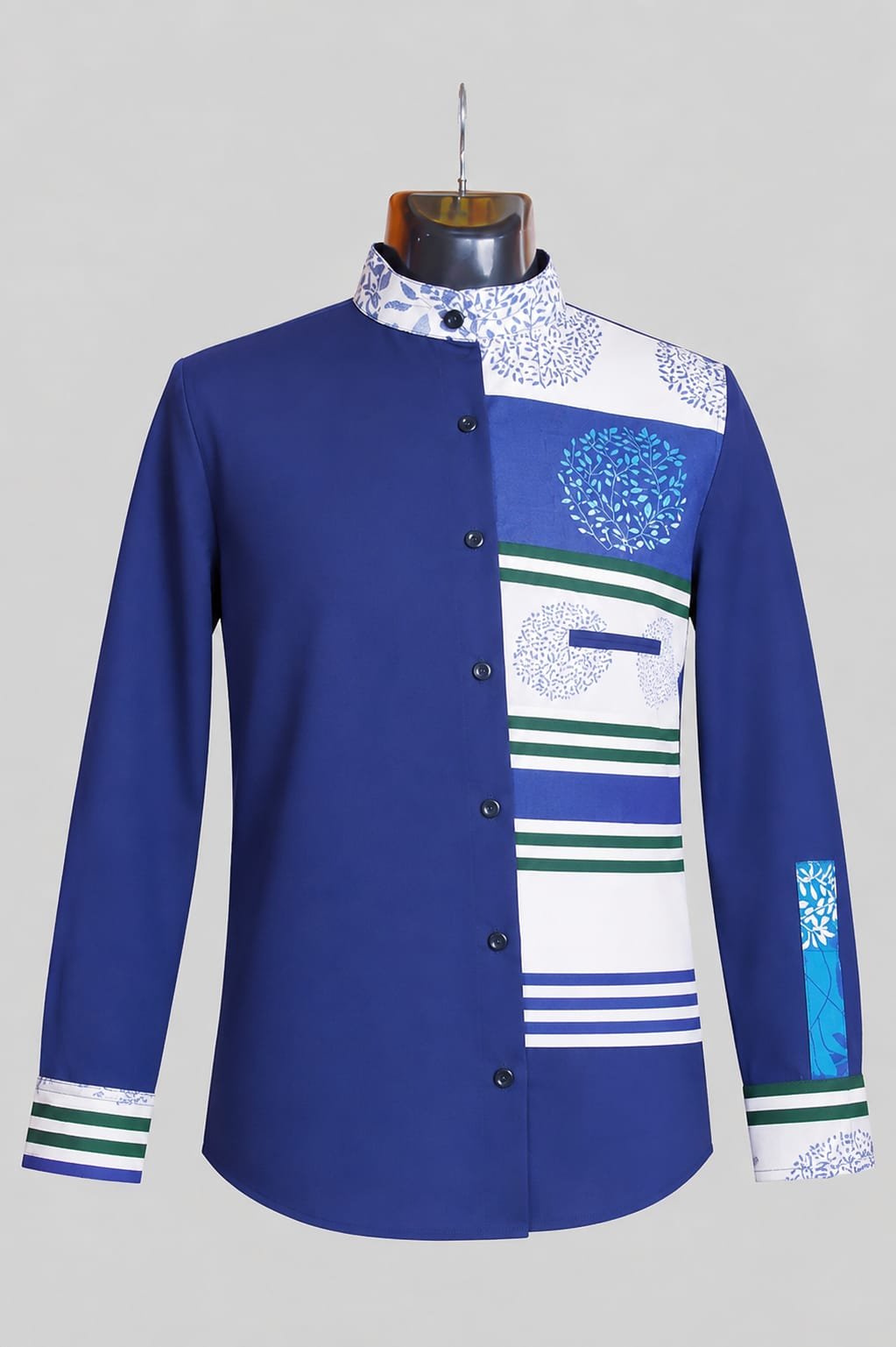 Men's African Ankara Kitenge Patchwork Shirt - Mandarin Collar